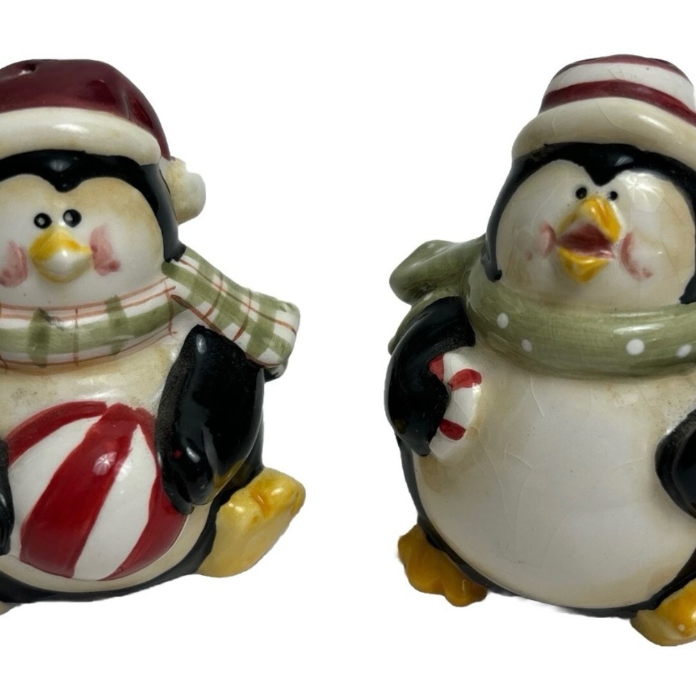 Festive Penguin Salt and Pepper shaker Figurines with Red and Green Accents